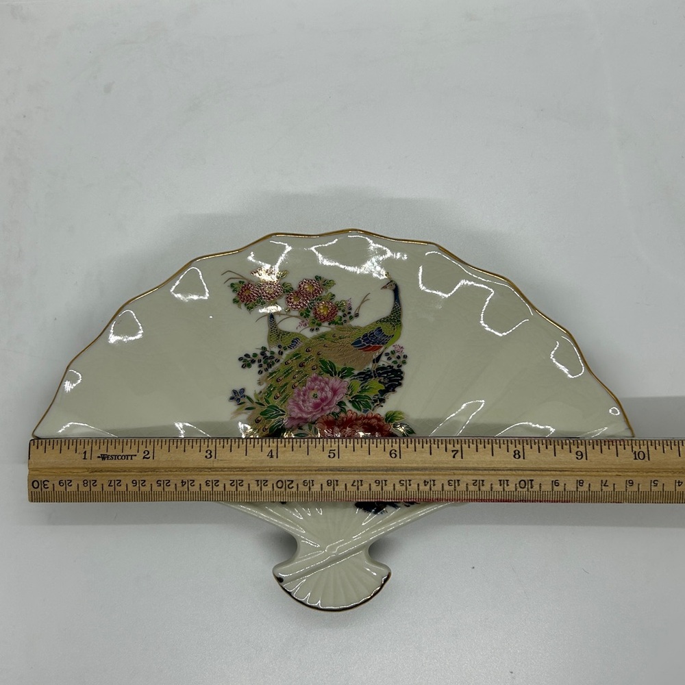 Vintage Japanese Porcelain Fan Trinket Dish Peacock W/ Flowers Scalloped Edge - Picture 9 of 11